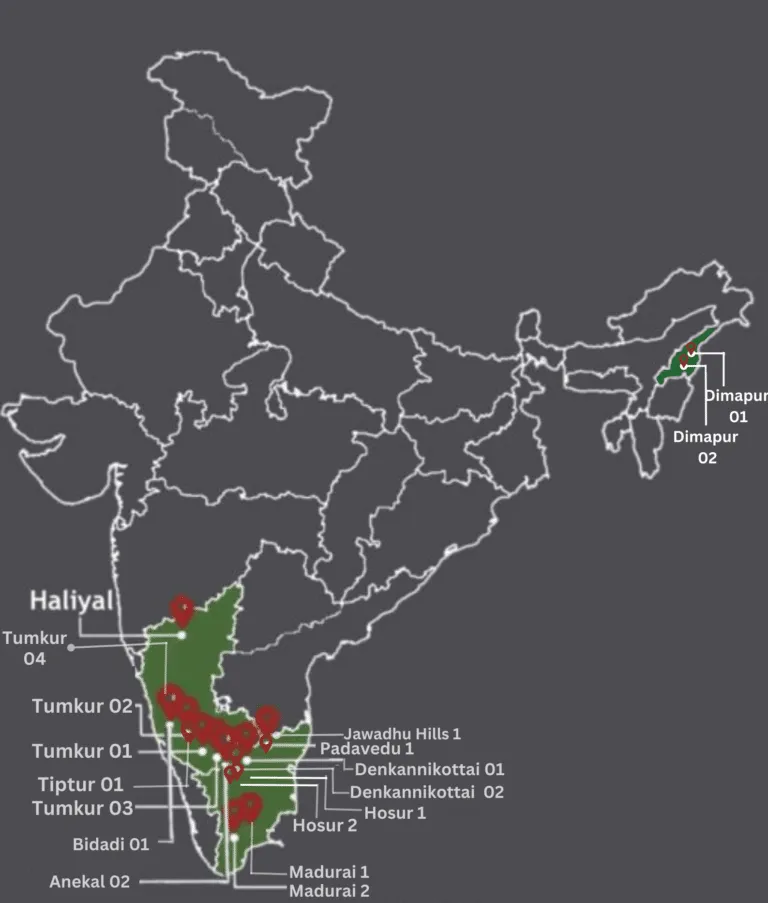 NavSahyog Foundation presence map — Karnataka, Tamil Nadu and Nagaland